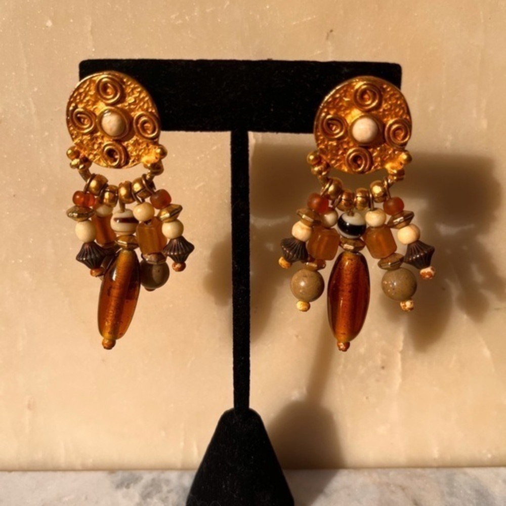 Robert Rose Gold-tone Brown Beaded Chandeliers Earrings